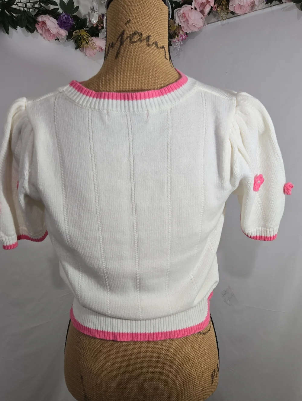 Betsey Johnson Cream Knit Top with Pink Flower Appliqués